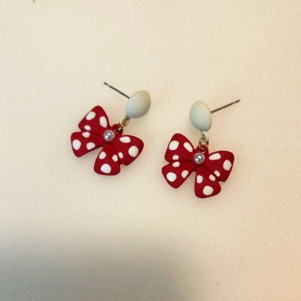 Red Polka Dot Bow Earrings M Mouse free shipping - Picture 1 of 4